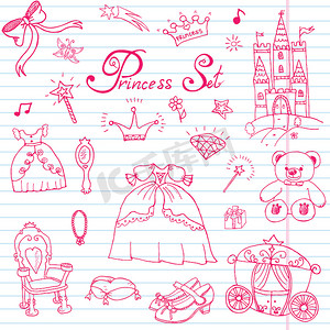 手绘矢量插图集公主标志、城堡、宝座和马车、魔杖、镜子、毛绒玩具、皇冠和珠宝、可爱的物品涂鸦元素