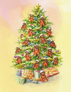 粉色大树摄影照片_圣诞钟声呈现在圣诞树下，背景柔和