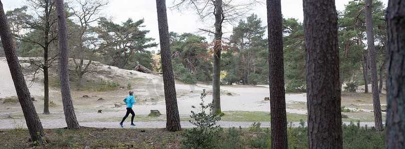 女人在荷兰乌得勒支附近的森林里奔跑