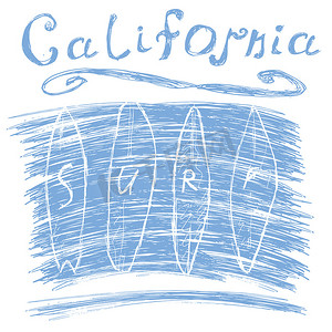 加州冲浪排版，T 恤印刷设计图形，矢量海报，徽章贴花标签