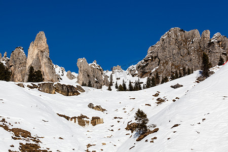 阿拉巴滑雪胜地的落基山脉，多洛米蒂阿尔卑斯山，意大利