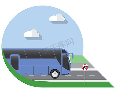 汽车矢量摄影照片_平面设计矢量插图城市交通、巴士、城际、长途旅游巴士、侧视图图标