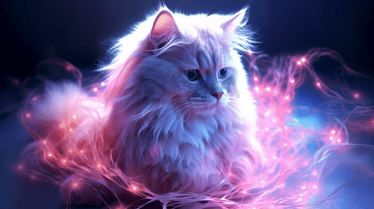 紫色炫光粉彩水晶长毛卷发可爱猫色彩斑斓的光粒子