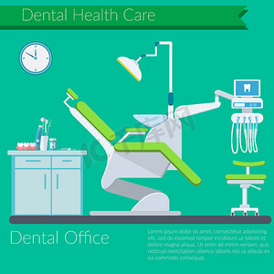 牙医办公室平面设计矢量插图，包括牙科护理用品、牙齿、牙膏、刷子、彩色背景的牙医