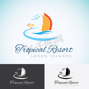游艇图标摄影照片_游艇、棕榈树和太阳，旅游公司标志设计模板。