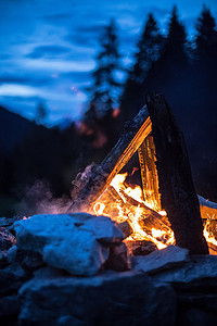 主图火焰摄影照片_在夏天，森林里用黄色和红色的火焰露营篝火。