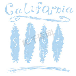 时尚矢量海报摄影照片_加州冲浪排版，T 恤印刷设计图形，矢量海报，徽章贴花标签