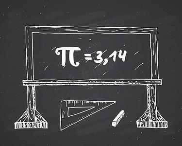 Pi 符号手绘图标，Grunge 书法数学符号在学校 blakboard 矢量图上黑板背景