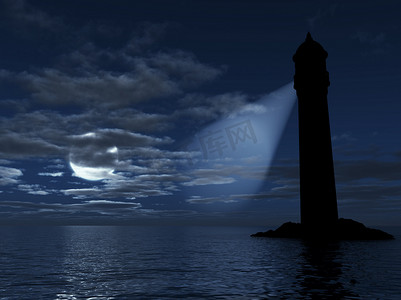 岛上的灯塔在黑暗的距离照明