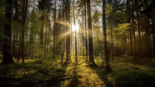 阳光透过森林里的树木照射进来