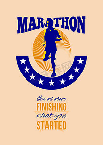 马拉松赛跑者完成复古海报