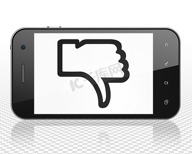 社交媒体概念：智能手机上显示的拇指向下