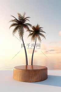 电商海报夏日海边木头展台棕榈树背景