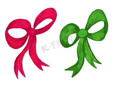 红色丝带手绘摄影照片_红色绿色圣诞丝带蝴蝶结的水彩手绘插图。