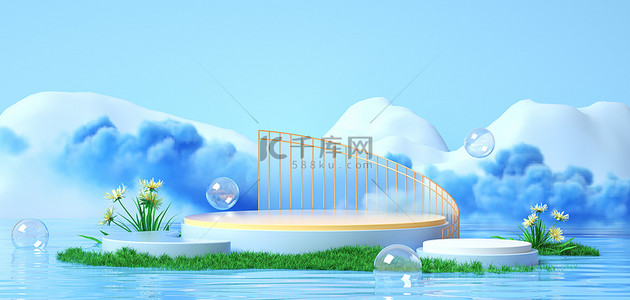 清新背景图片_蓝色水面烟雾展台场景c4d背景