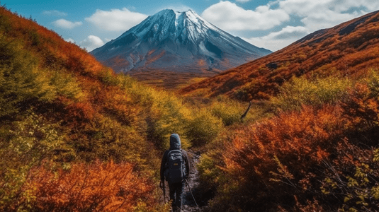 俄罗斯远东堪察加半岛的火山景观背景是黑色的火山沙和白