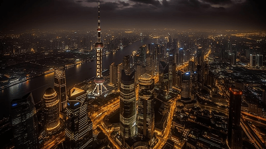 上海繁华的浦东新区日落夜景