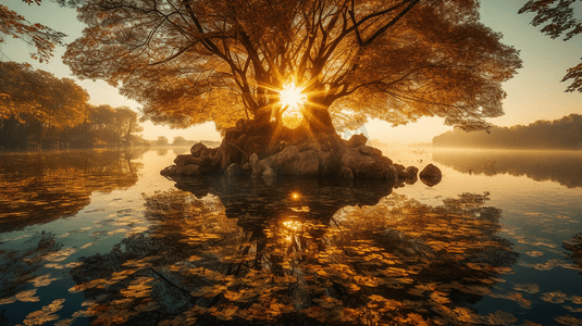 金粉素材摄影照片_西湖畔太阳下的老树
