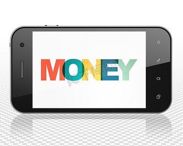 货币概念：有金钱的智能手机在显示