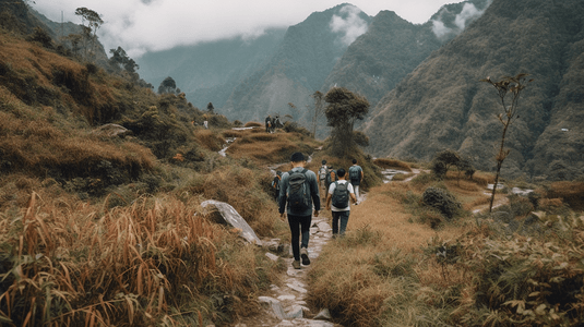 爱不可挡摄影照片_在山的背包徒步旅行者人