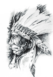 纹身艺术素描，美国原住民印第安人头，酋长，孤立无援者