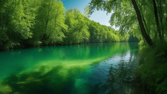 白天绿树环绕的绿水湖