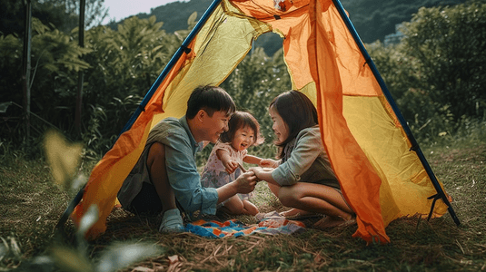 一家人摄影照片_家庭亲子户外露营玩耍