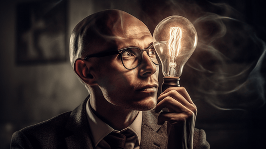 肖像商人与头上的灯泡灵感和创新相适应以便成功思考和创意智慧远见大脑解决方案商业概念的思维和想法