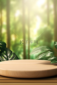 绿色背景背景图片_电商海报木色展台自然绿色背景