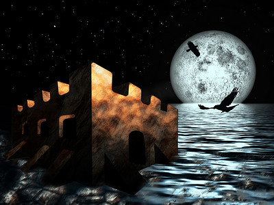 夜空月亮背景下海中的古堡