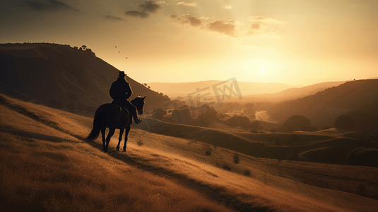 日落时分在山上骑马的人