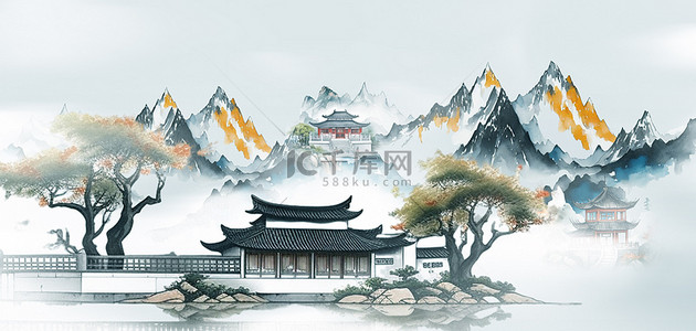 青色青色背景图片_中国风古建筑青色古风背景