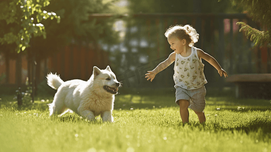 宠物画报摄影照片_小孩和宠物狗在院子里玩耍