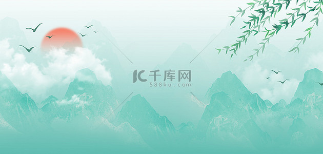柳条花环背景图片_中国风山峦山峰绿色水墨海报背景