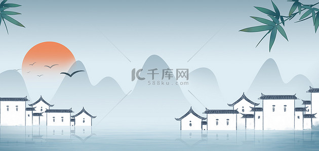 中国复古背景图片_中国风徽派建筑浅色水墨海报背景