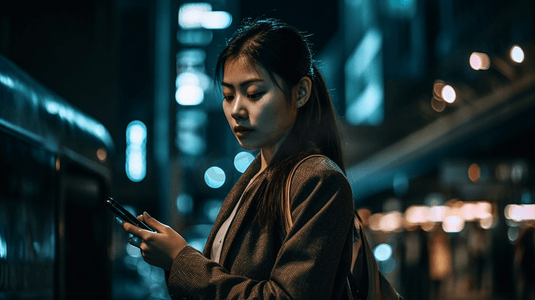 城市亚洲美丽的商业年轻女青在夜市街上使用智能便士走路亚洲人
