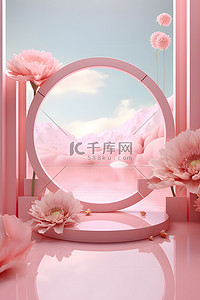 粉色花朵背景海报背景图片_电商海报粉色鲜花展台背景