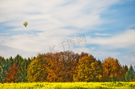 热气球与秋季彩绘森林