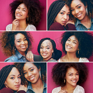 粉红色墙壁上的拼贴画、黑人女性和朋友，为了美丽、幸福和爆炸头、辫子和天然头发，用于化妆品、化妆和护发肖像。