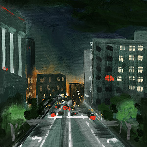城市油画摄影照片_手绘插图油画的夜景，现代城市场景。