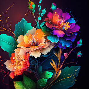 原创摄影照片_带有异国情调的花朵和热带树叶的原创花卉设计。