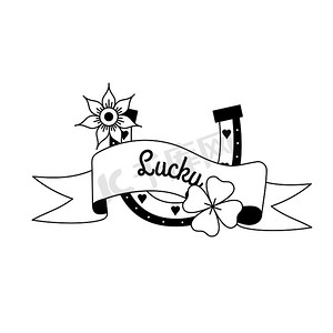 樱花纹身摄影照片_马蹄形纹身，带有 y2k、1990 年代、2000 年代风格的 Lucky 文字。 
