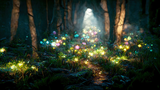 有萤火虫的不可思议的幻想森林和树之间的光