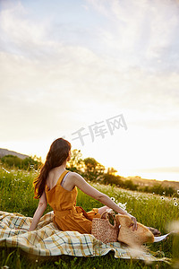女士穿裙子摄影照片_一位身穿橙色裙子的女士坐在洋甘菊花田里，手里拿着一顶草帽，享受着夕阳