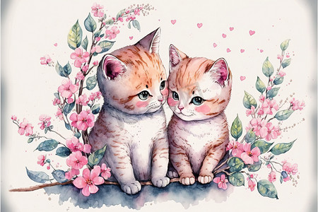 可爱的小猫恋爱浪漫情人节手绘卡通风格
