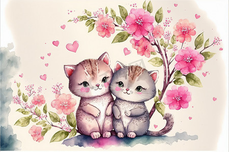手绘卡通可爱的摄影照片_可爱的小猫恋爱浪漫情人节手绘卡通风格