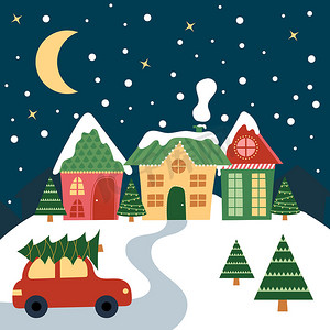 圣诞之夜有汽车、树木、雪和星星的圣诞屋。