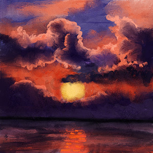 油画纹理摄影照片_手绘插图的傍晚天空日落，海洋水面橙色，闪亮的微光反射，日出寒冷的紫色淡紫色云彩，清澈的夏日旅行，油画纹理素描画。