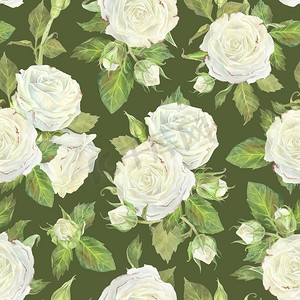 白玫瑰、叶子和花蕾的无缝图案。