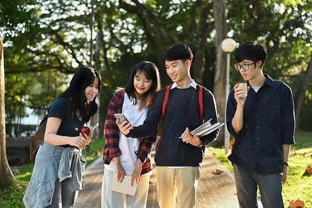 一群友好的大学生在课后在大学校园里散步时互相交谈